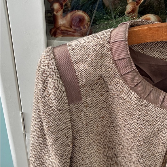 Jones New York Women's Tan Jacket sz 14 Tweed Gold Metallic euc - Picture 3 of 9